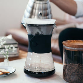 Hario pour-over brewed coffee ready to pour from decanter.