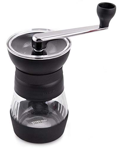 Hario Skerton Pro 100 g glass bowl ready for easy transfer of grounds.
