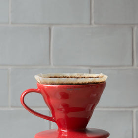 Hario V60 02 ceramic red dripper brewing scene for 1-4 cups