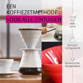 Hario V60 ceramic coffee dripper White, side view, efficient flow aids balance in brew.
