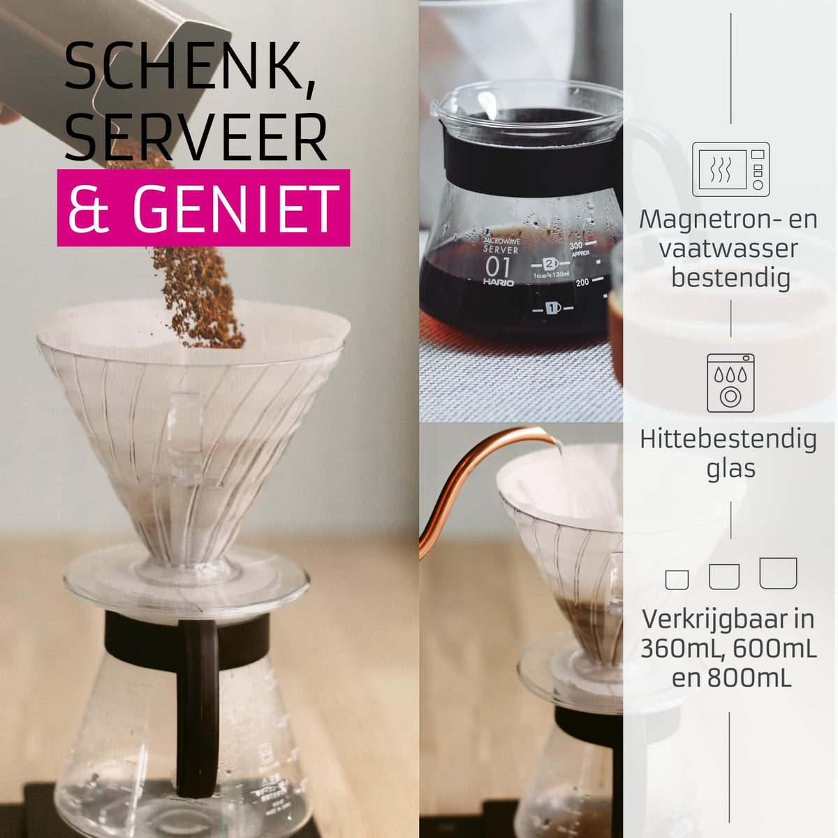 Hario V60 glass range coffee server, lid off, easy to pour and clean.