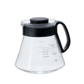 Hario V60 glass range coffee server in black with measurement lines for precise brews.