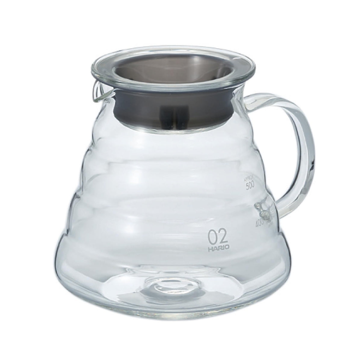 Hario V60 glass range coffee server 600ml, clear front view for precise pours.