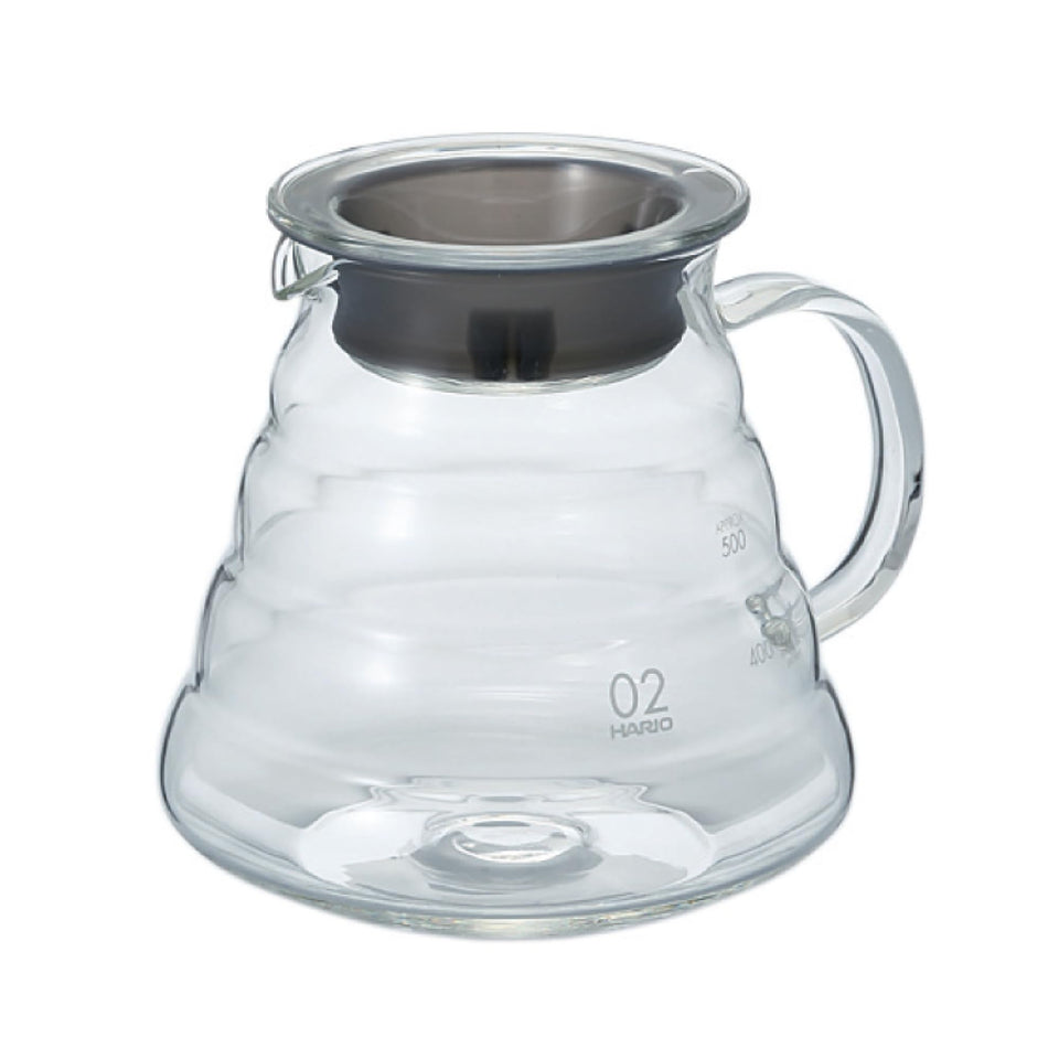 Hario V60 glass range coffee server 600ml, clear front view for precise pours.