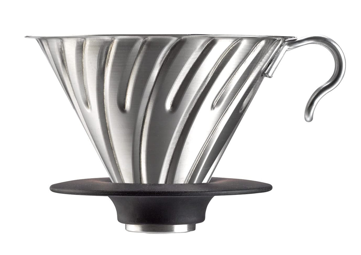 Hario V60 Metal Dripper close-up showcasing cone design for even extraction.