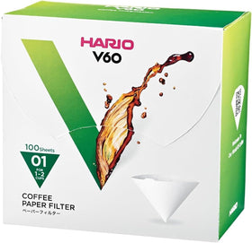 Hario V60 Size01 white paper filter box front view for pour-over prep.