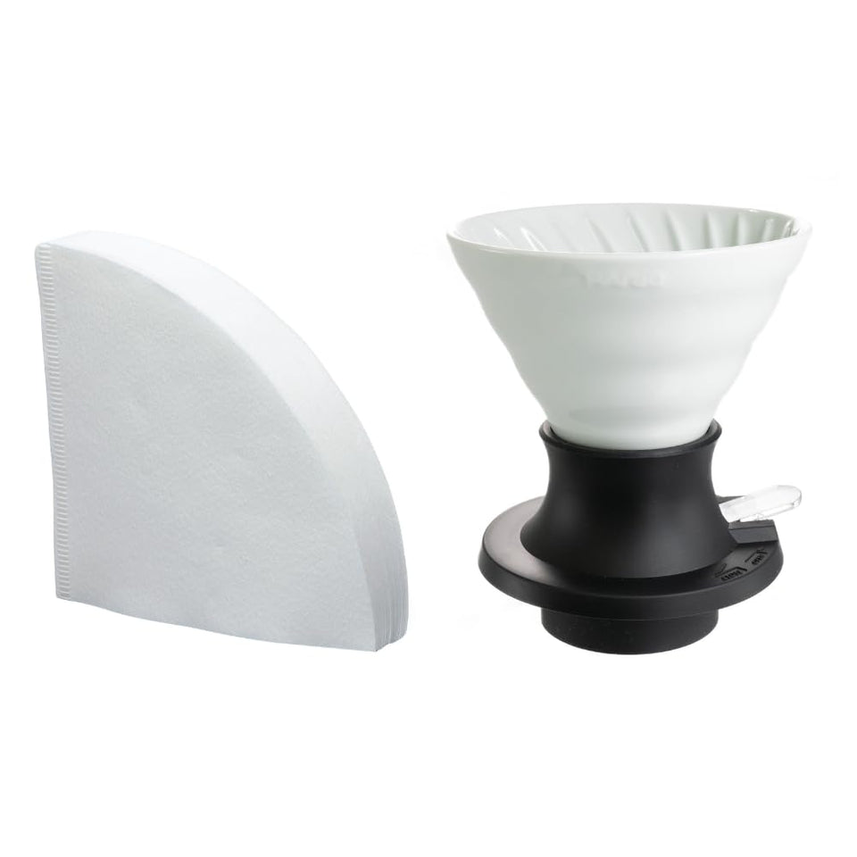 Hario V60 Switch ceramic dripper white closeup highlights its elegant, durable design for home brewing.