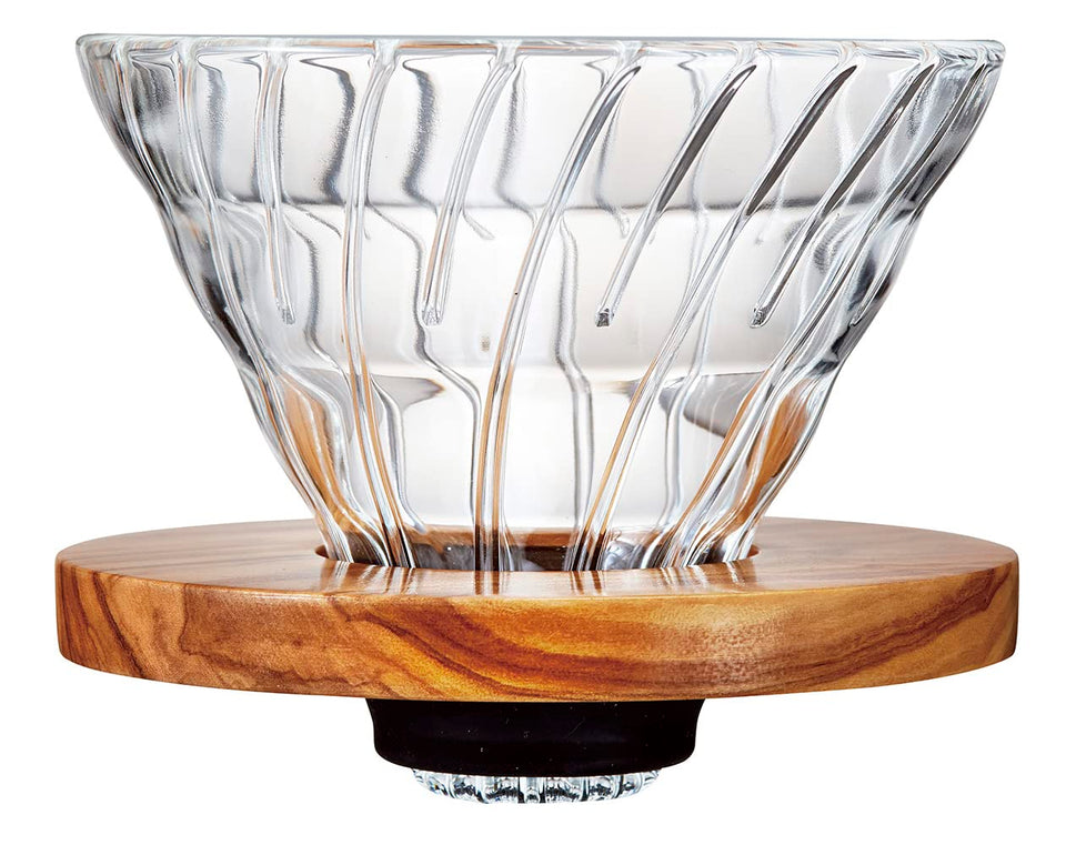 Hario VDGR-02-OV V60 dripper with olive wood holder for even extraction.