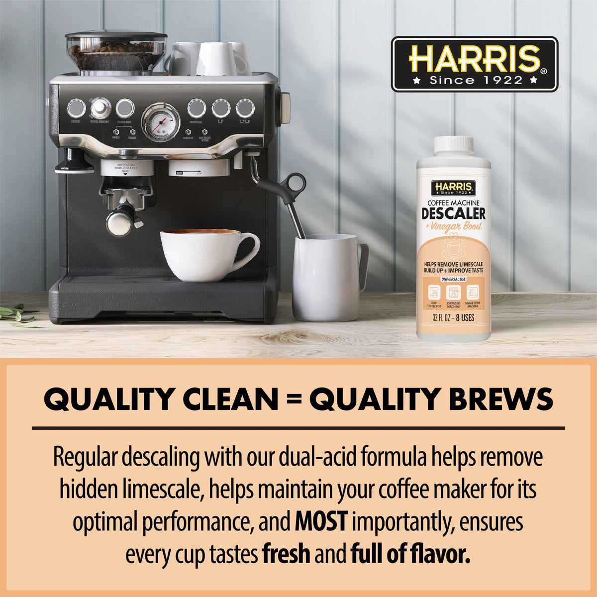 HARRIS descaler label highlights simple, safe ingredients for home use.