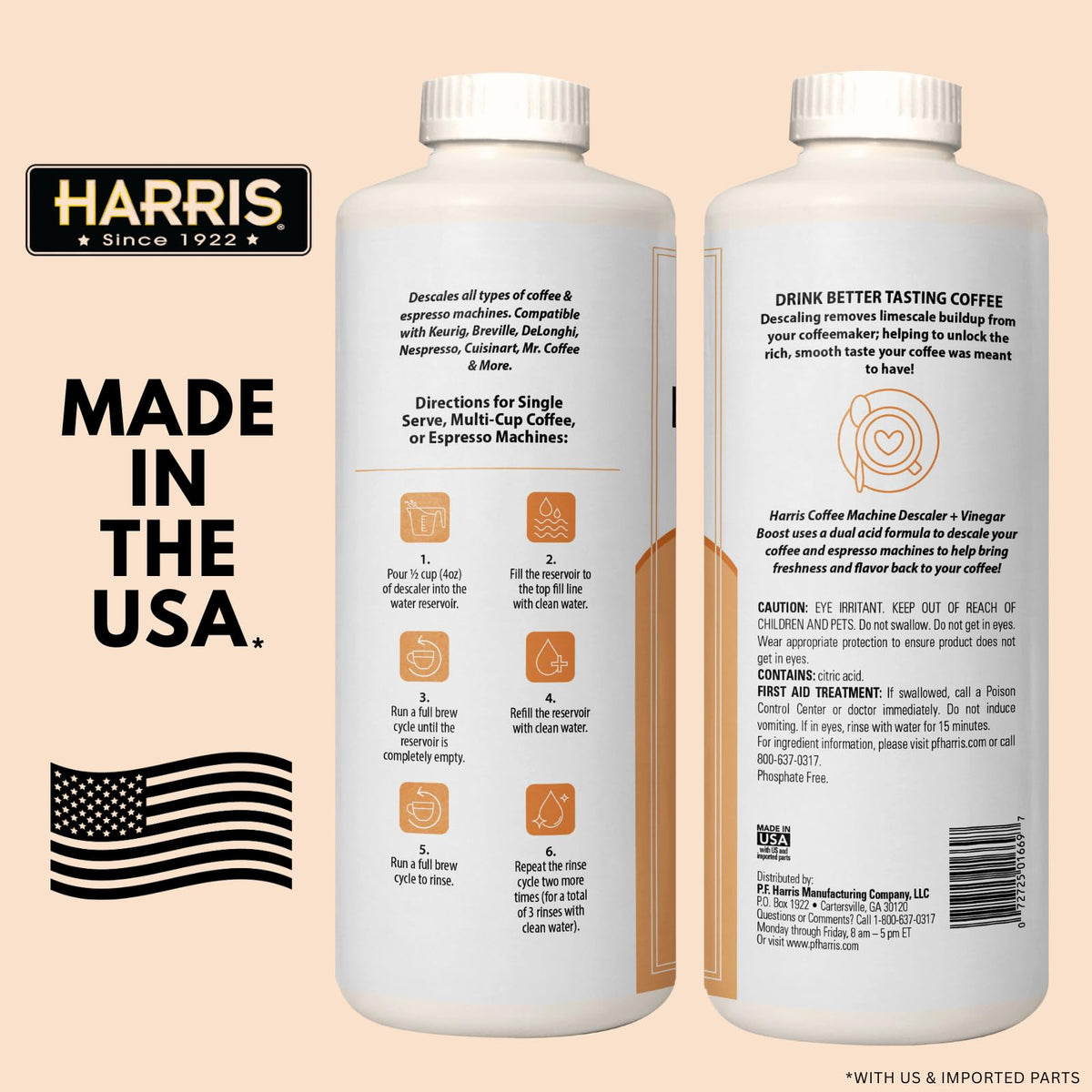 HARRIS descaler bottle beside scale deposit illustration.