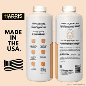 HARRIS descaler bottle beside scale deposit illustration.