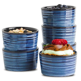 HASENSE 6 oz ramekins with vertical navy lines for elegant crème brûlée serving