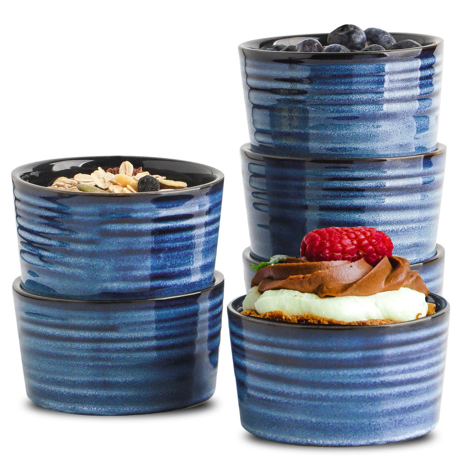 HASENSE 6 oz ramekins with vertical navy lines for elegant crème brûlée serving
