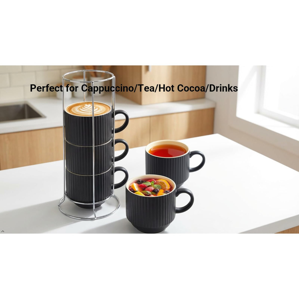 HASENSE black mugs on a silver stand add modern style to any table