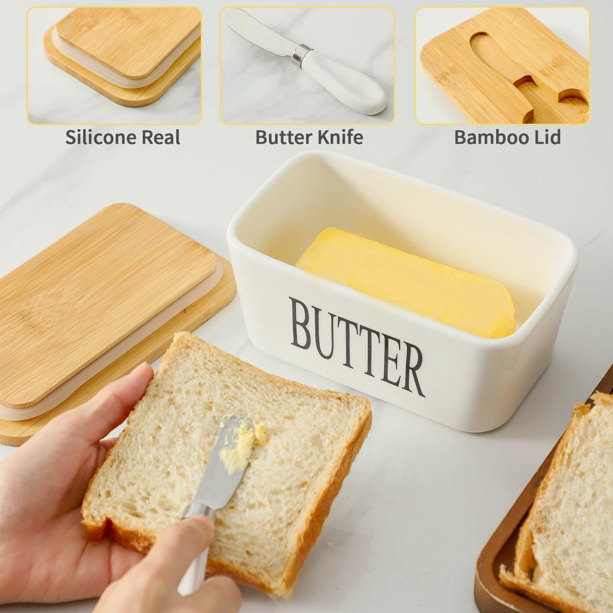 Hasense butter dish holds up to 20 ounces of butter in a single container.