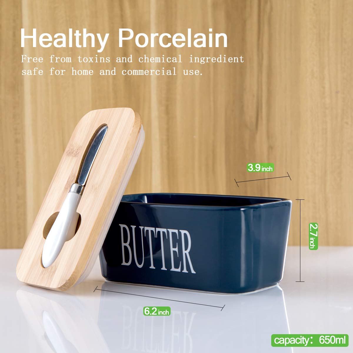 Butter dish with bamboo lid and integrated knife ready for quick slicing