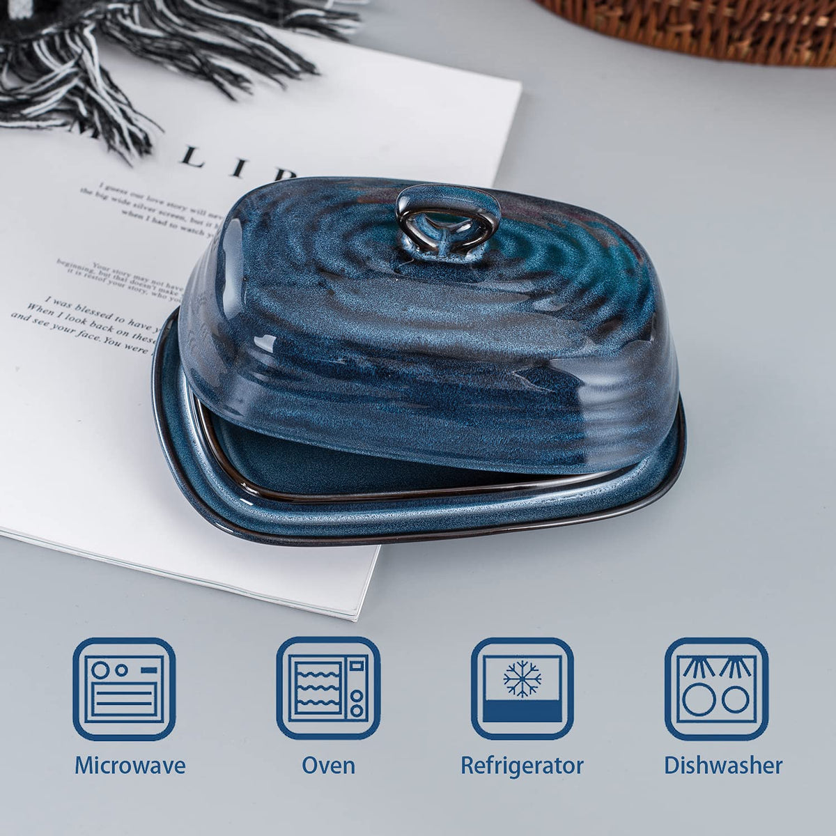 Hasense butter dish blue on fridge door scene