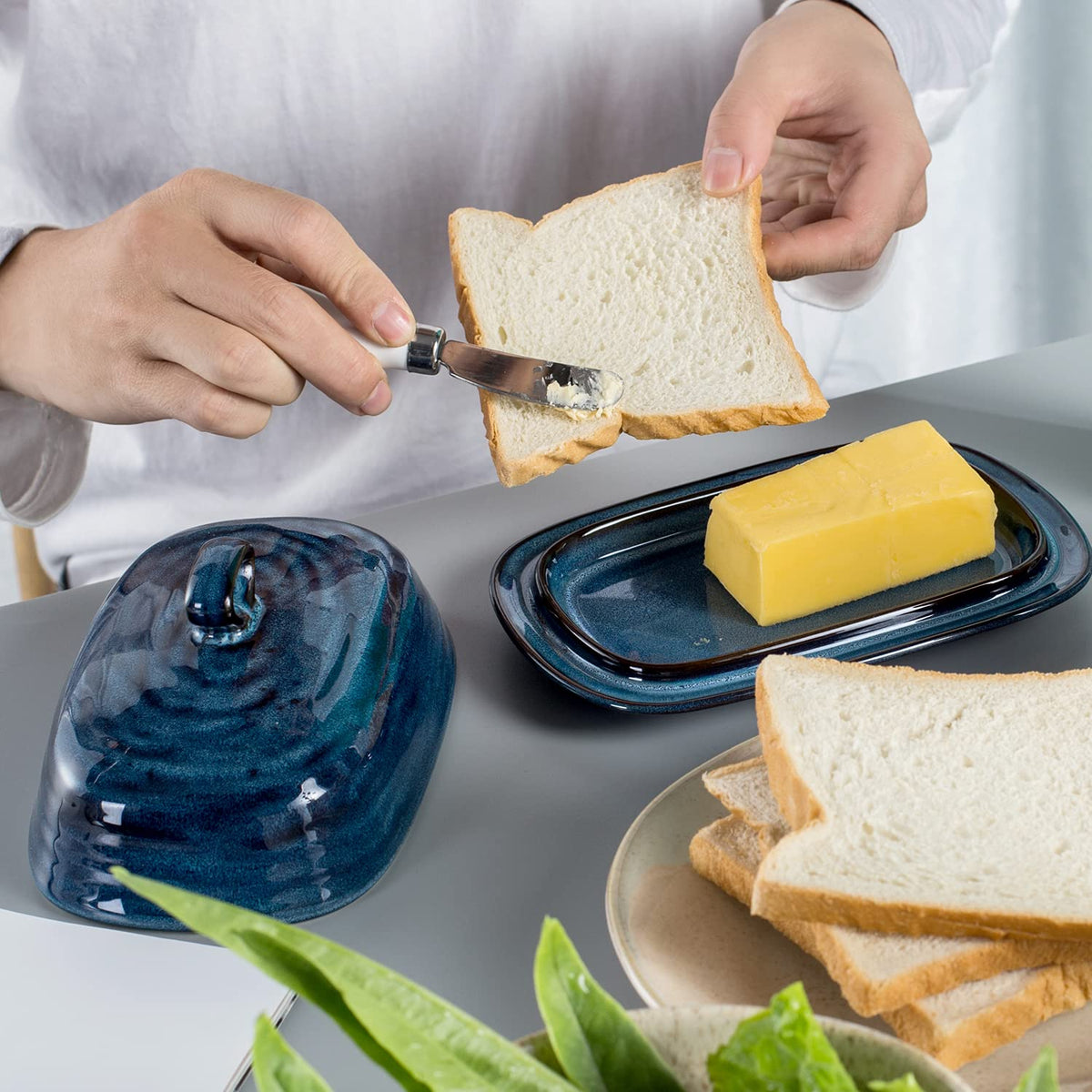 Hasense butter dish blue elegant kitchen accent on countertop