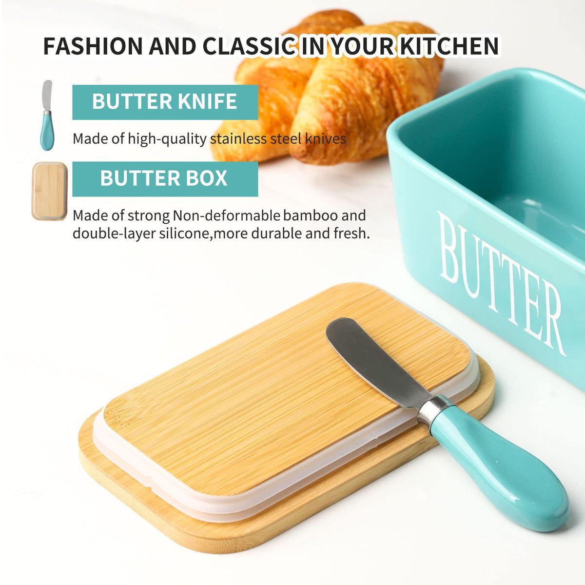 HASENSE butter dish on a turquoise countertop complements kitchen decor.