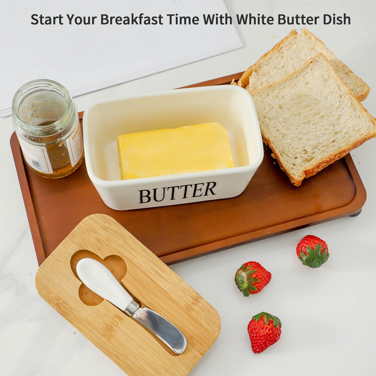 Hasense butter dish knife groove with a stainless steel knife for quick slicing.
