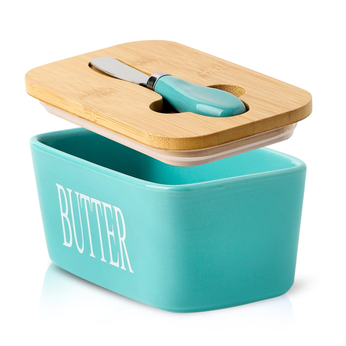 HASENSE butter dish with turquoise lid keeps butter fresh on the counter.