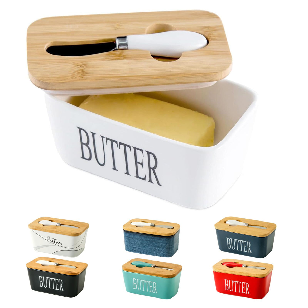 Hasense butter dish with lid in white porcelain keeps butter fresh on the counter.