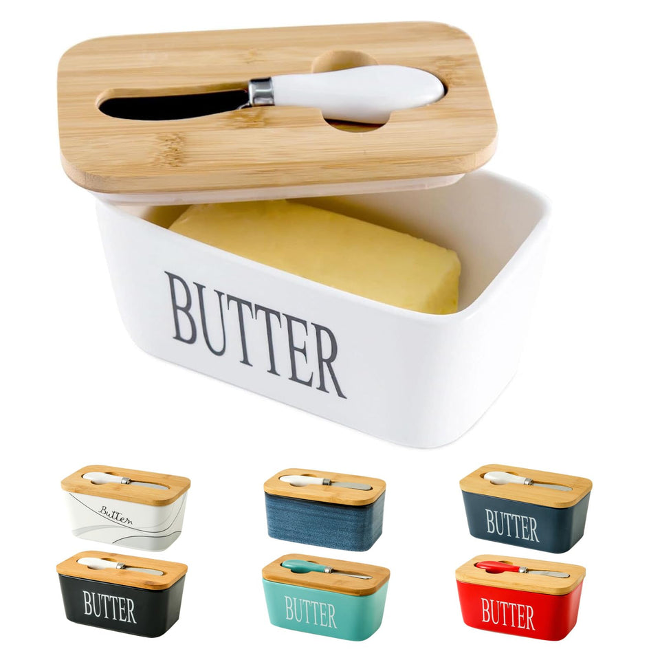 Hasense butter dish with lid in white porcelain keeps butter fresh on the counter.