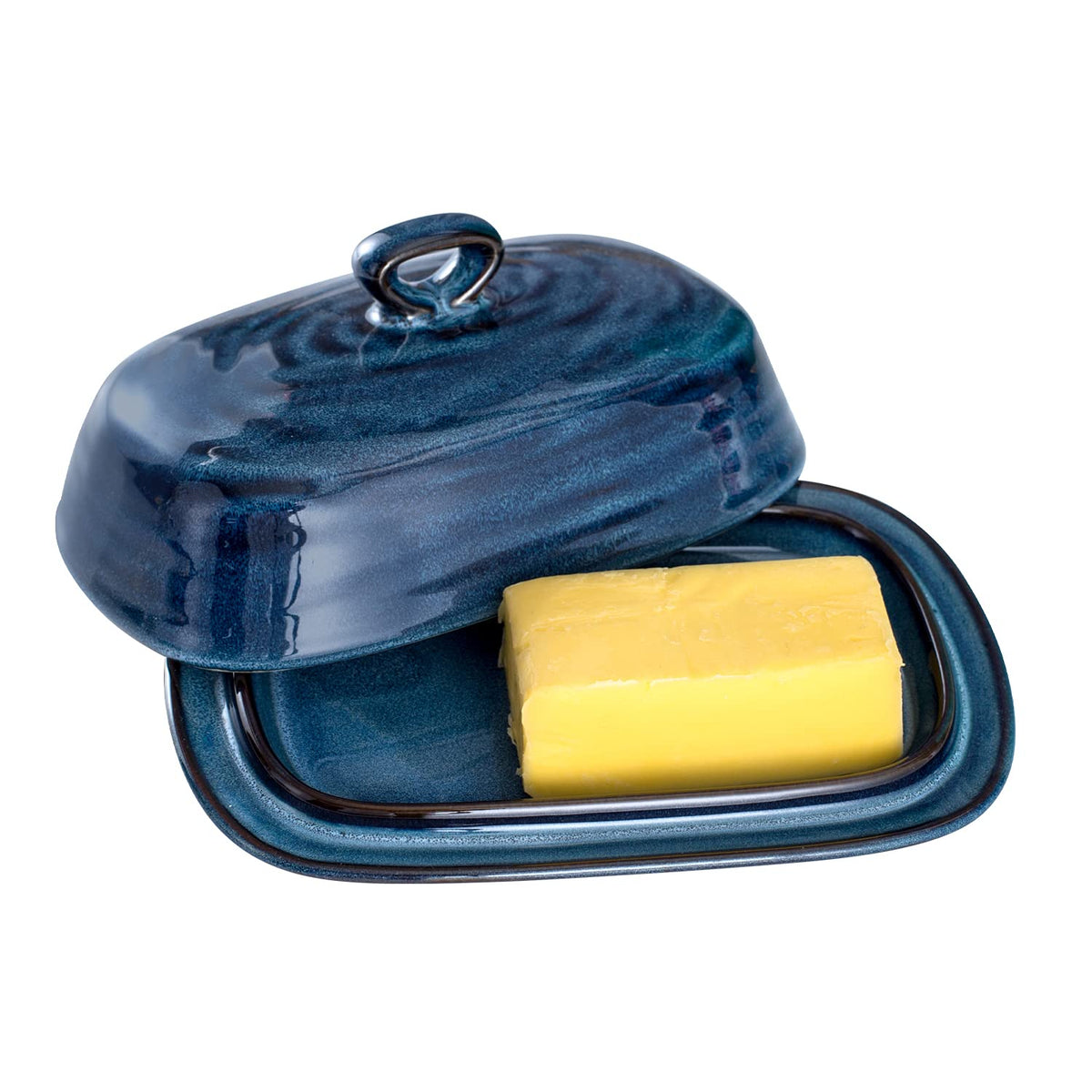 Hasense butter dish with lid blue front view on counter for easy access