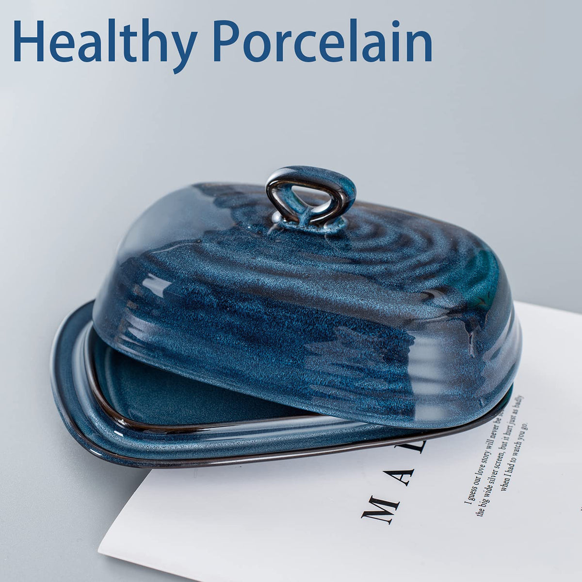 Hasense butter dish with lid blue interior ridge close-up