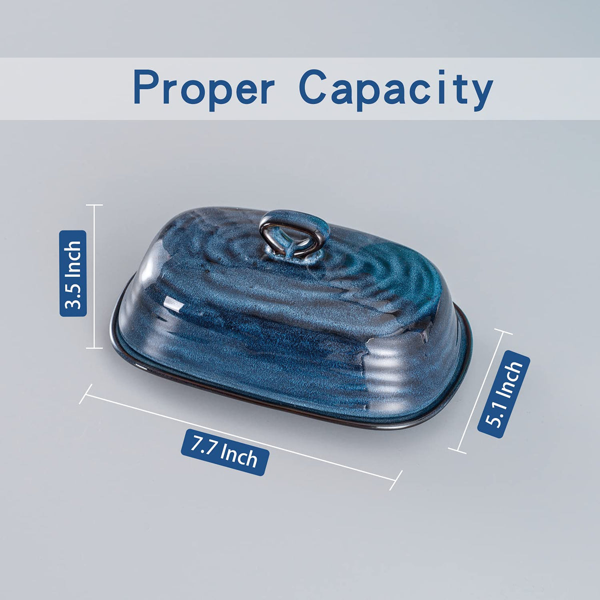 Hasense butter dish with lid blue lid-open view shows convenient handle