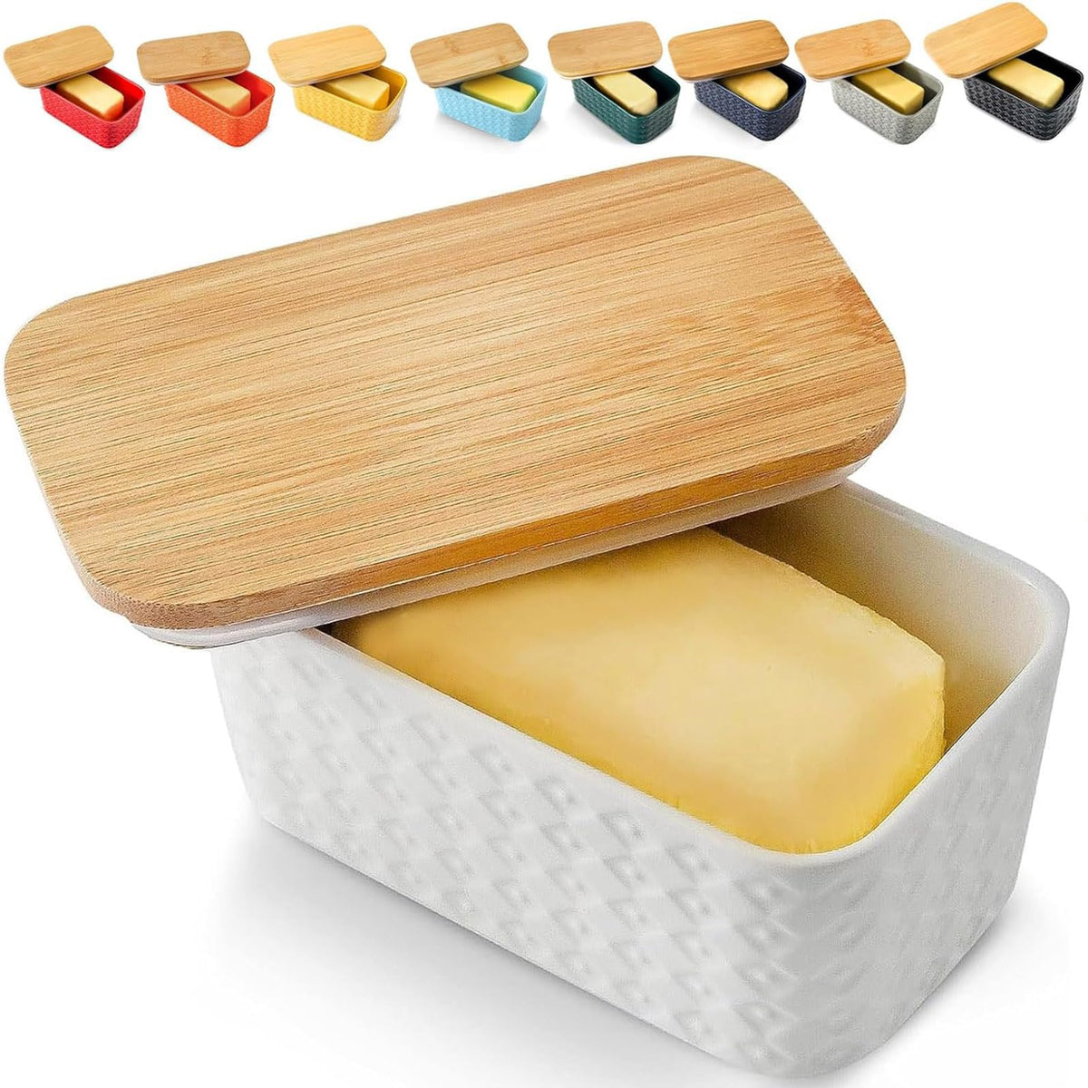 Hasense butter dish with lid shows embossed white pattern for stylish countertop storage