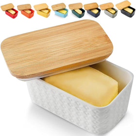 Hasense butter dish with lid shows embossed white pattern for stylish countertop storage