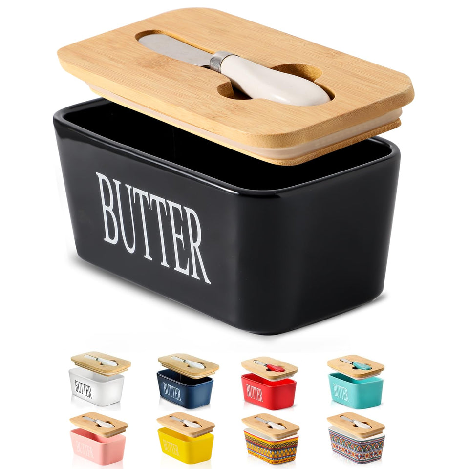 Hasense butter dish with lid on a counter keeps butter fresh and protected.