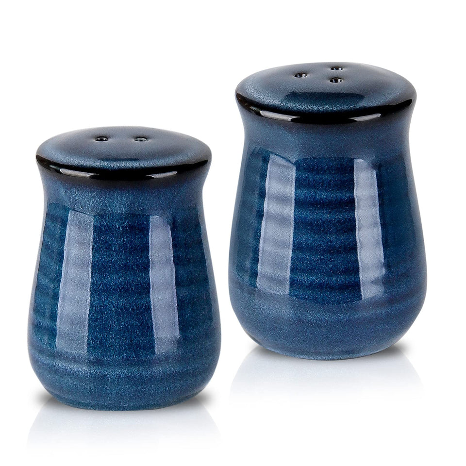 HASENSE navy ceramic salt and pepper shakers 2-pack on rustic table, durable and decorative.