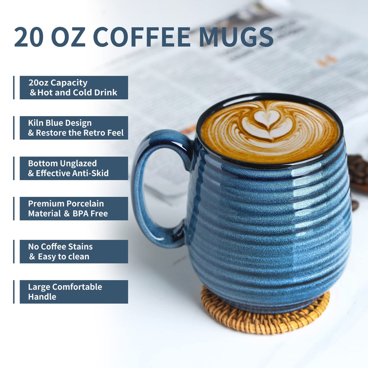 HASENSE 20 oz blue striped mug front view suitable for desk or kitchen