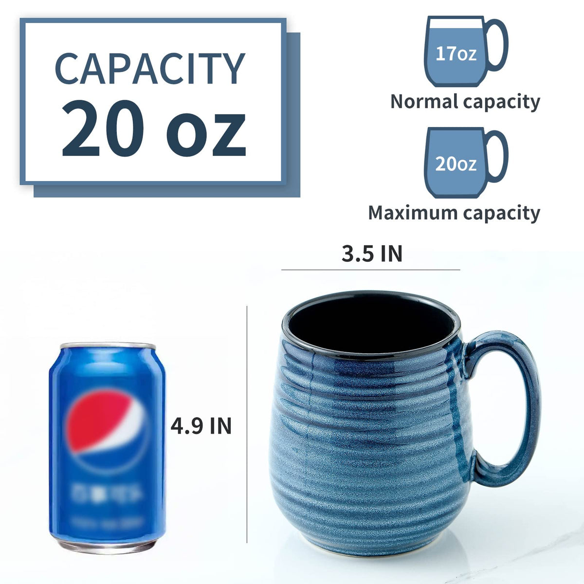 HASENSE 20 oz blue striped mug top view highlighting wide opening