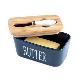 Hasense porcelain butter dish with blue lid shown on kitchen counter for durable storage