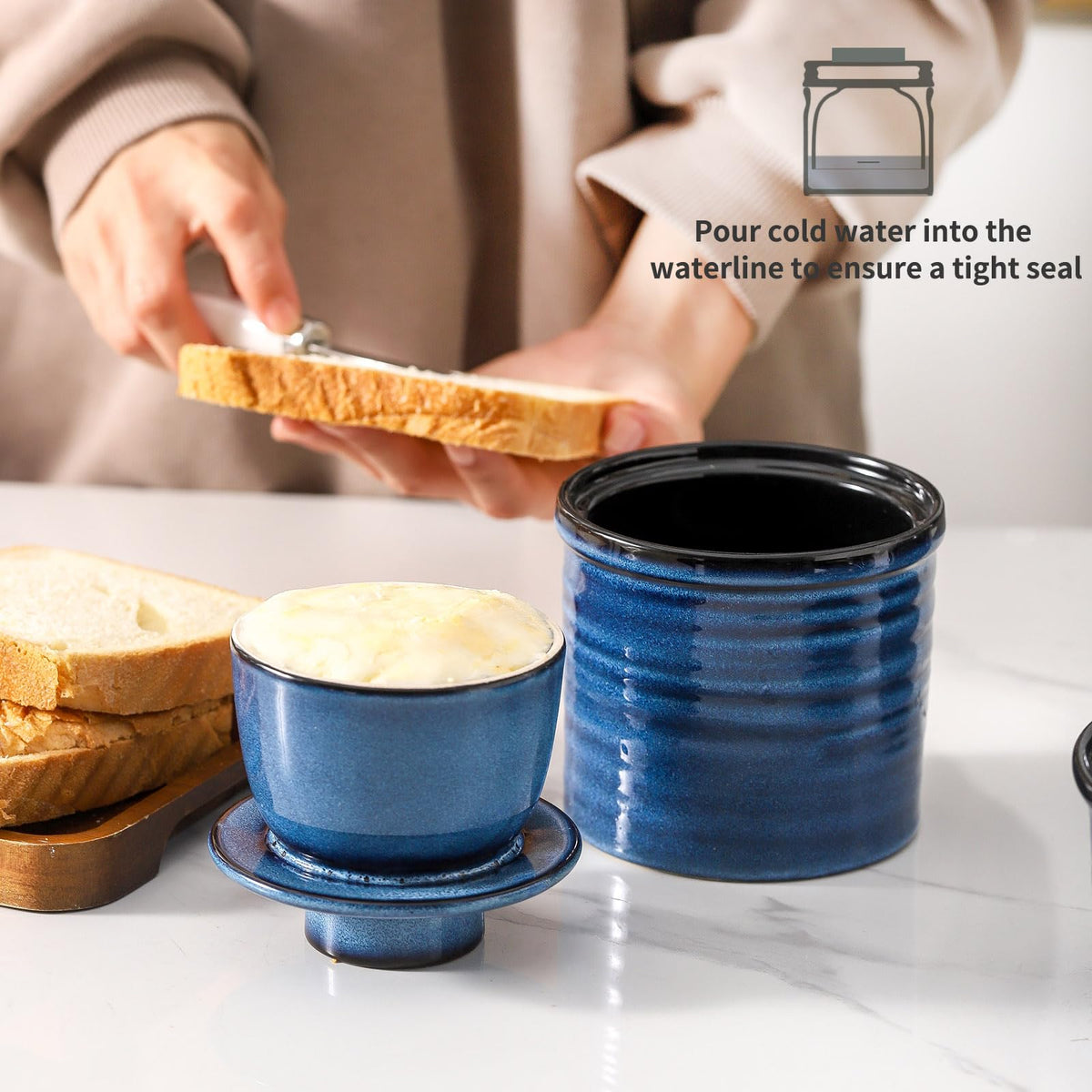 Hasense butter crock texture highlights ready-to-spread butter for quick breakfasts.