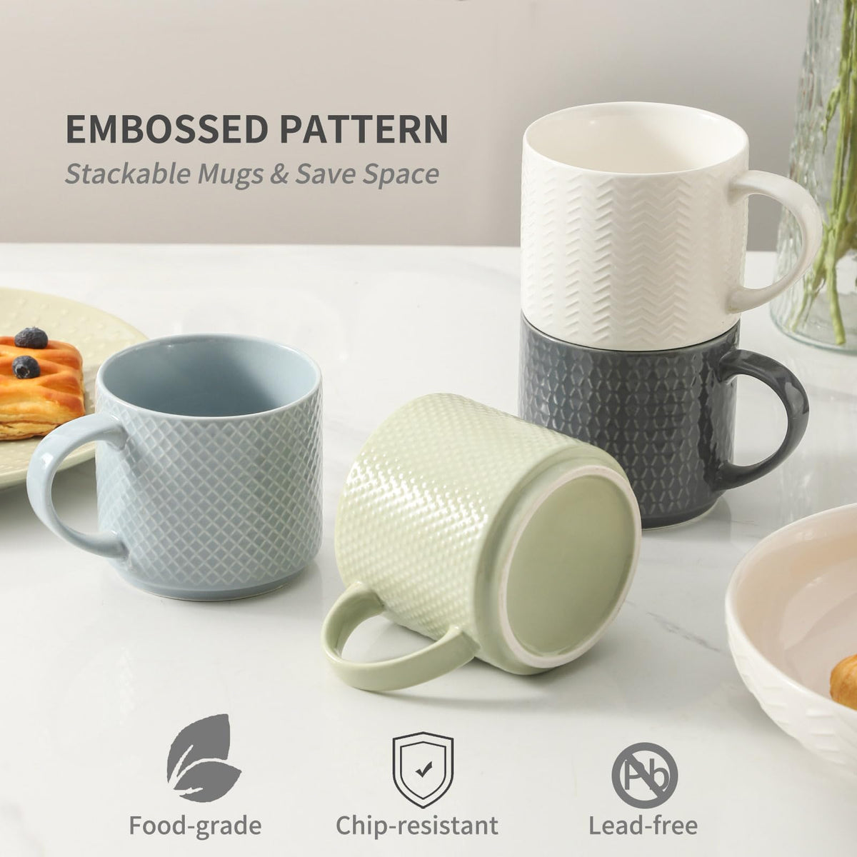 HASENSE stackable coffee mugs save cabinet space and simplify storage.
