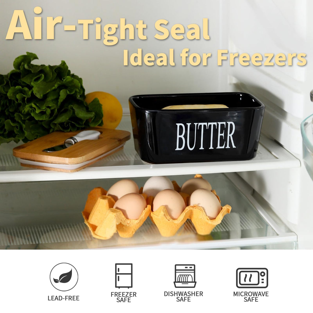Hasense stainless steel knife included for easy butter serving.