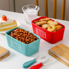 Hasense teal butter dish on countertop offers convenient, elegant storage