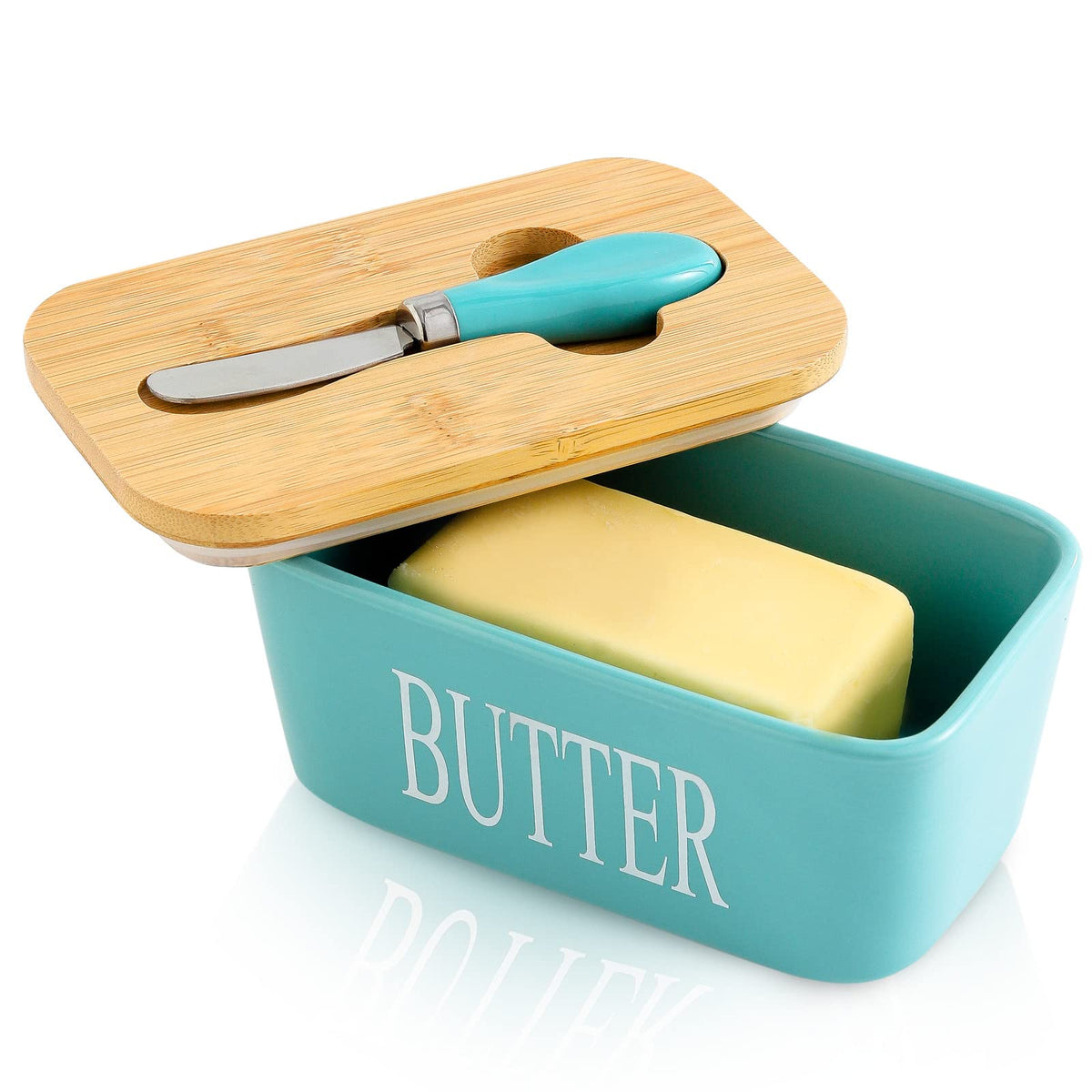 Hasense teal butter dish with lid keeps butter fresh on the counter