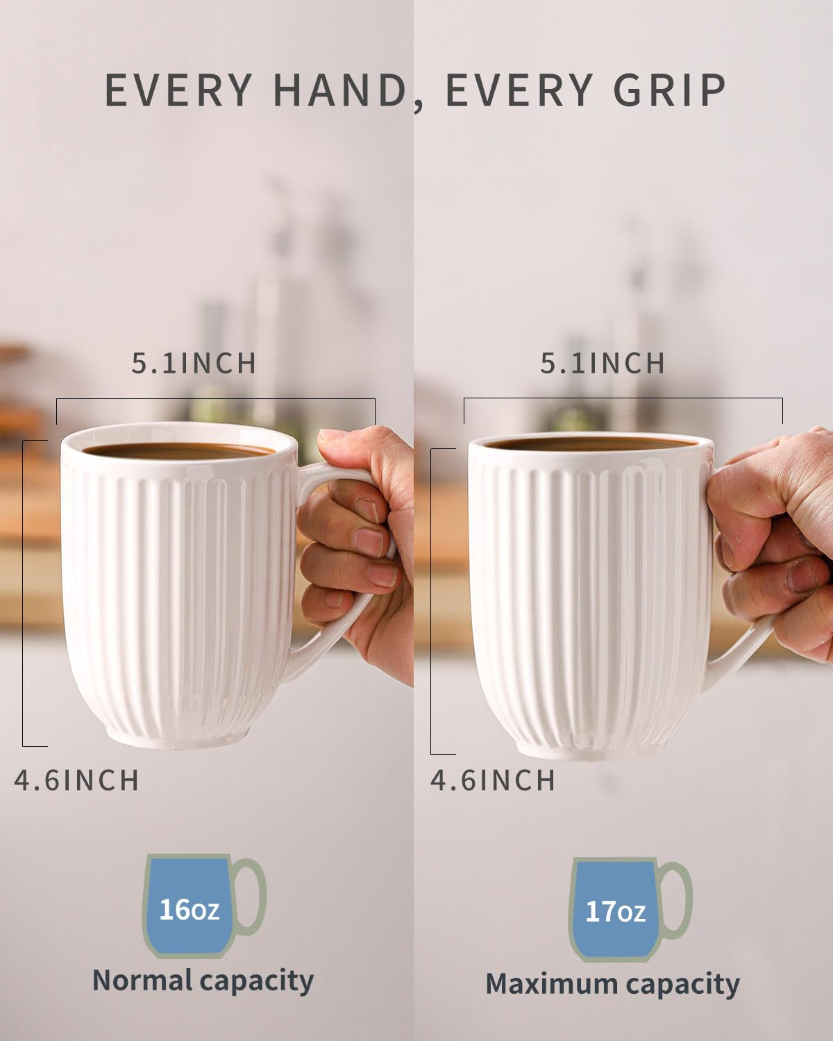 HASENSE mug with large ergonomic handle offers comfortable grip for all hands.