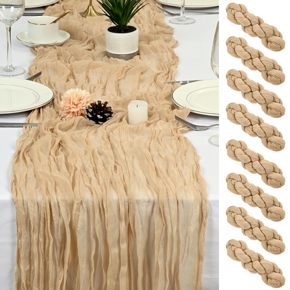 HASJOIN eight beige cheesecloth runners draped on a table for romantic boho decor.