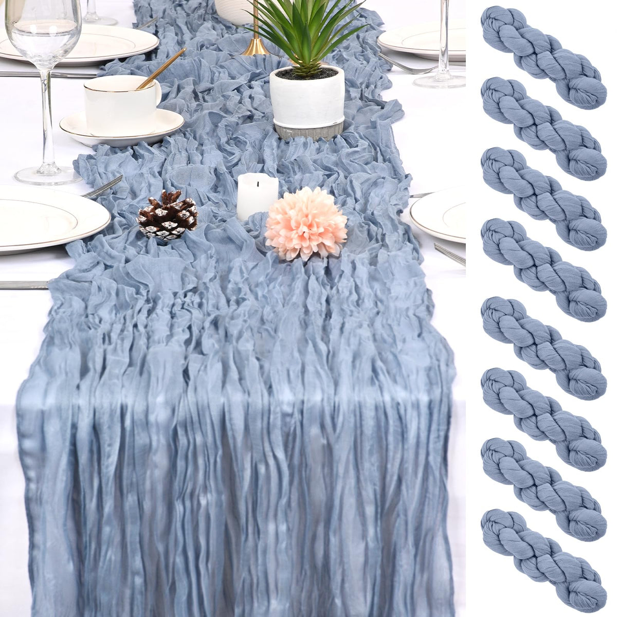 HASJOIN dusty blue table runner on wedding table for soft romantic drape