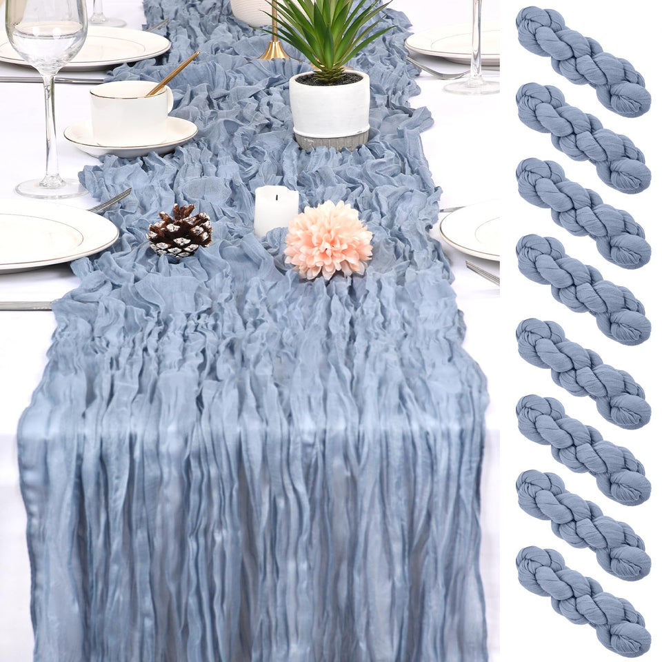 HASJOIN dusty blue table runner on wedding table for soft romantic drape