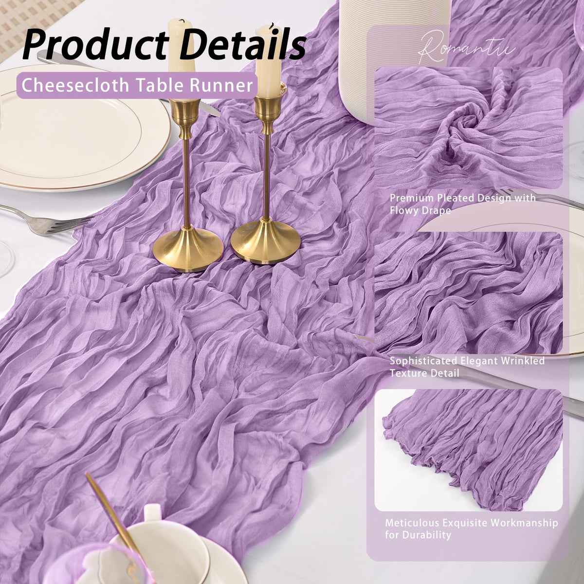 HASJOIN lavender cheesecloth runner layered with linens for festive decor