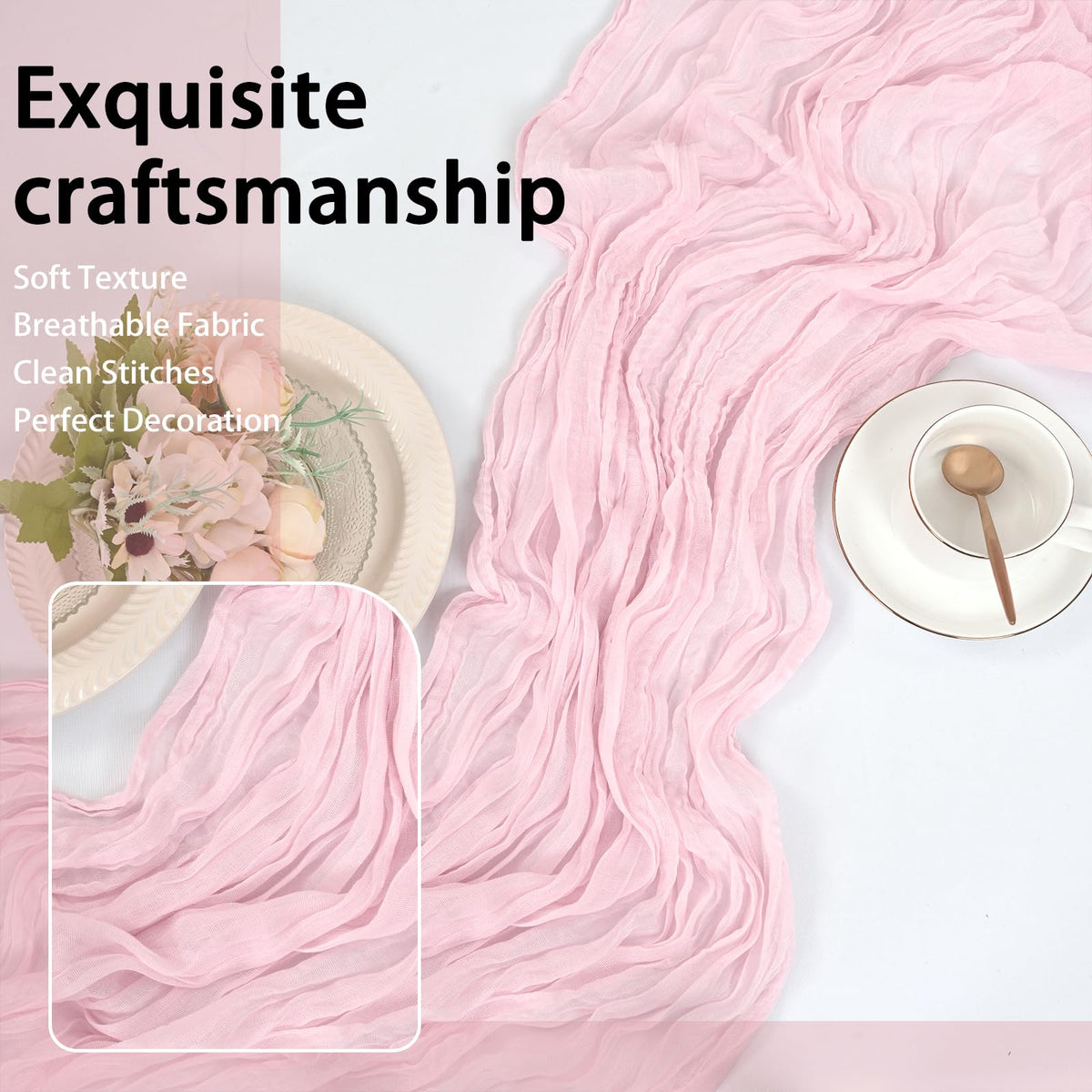HASJOIN pink cheesecloth table runner hangs gracefully as wall or arch decor.