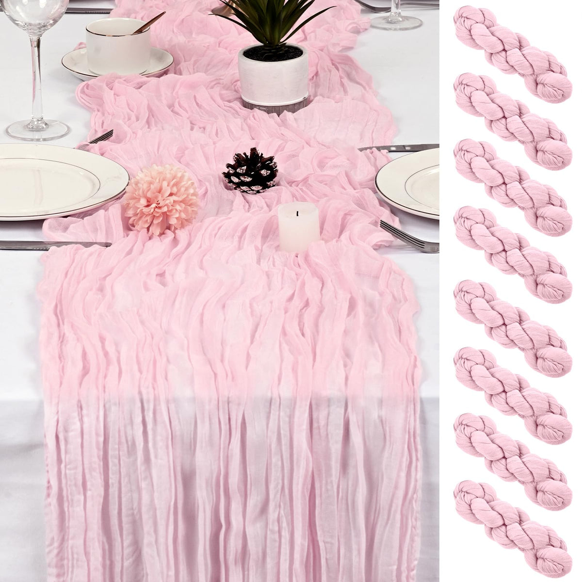 HASJOIN pink cheesecloth table runner on wedding table for elegant ambiance.