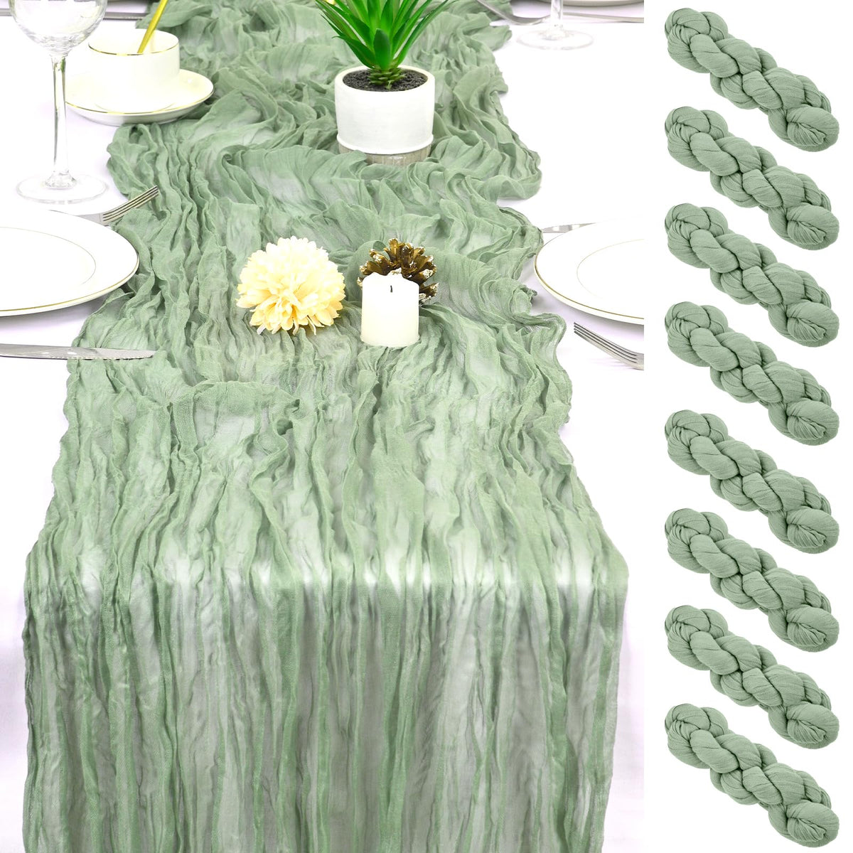 HASJOIN sage green cheesecloth table runner draped elegantly for wedding decor.